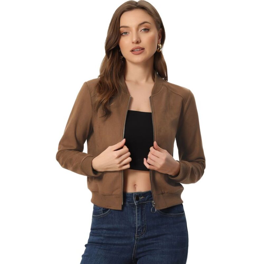 Faux Suede Cropped Coat Stand Collar Zip Up Biker Moto Bomber Jackets Brown